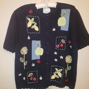 CJ BANKS Sweater Hand Embroidered Cardigan Lady Bugs Cherries Sunflower NWT Sz L